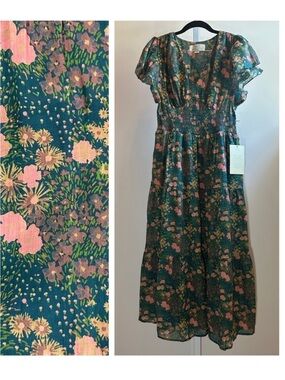 NWT Trovata Birds of Paradis Floral Smocked Midi Dress - Green/Pink - Size Small